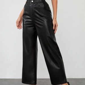 Wide leg black leather pants